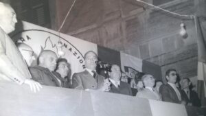 Lucera - Comizio di Giorgio Almirante 1972 - Da sx Mario Toriello, Prof. Nassisi , on.le Delfino, Salvatore Gaeta e il prof. Ventriglia